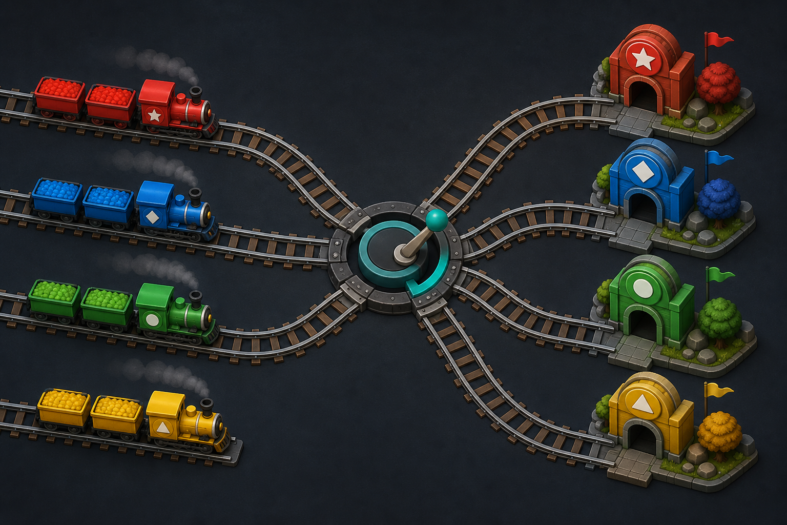 Aiguillage chromatique avec des trains et des gares de couleurs